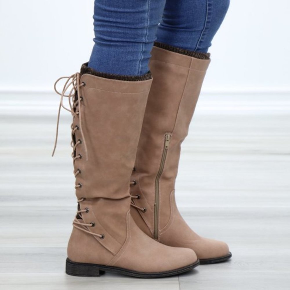 Taupe Warm Winter Mid Calf Lace Back Boots - Picture 11 of 15